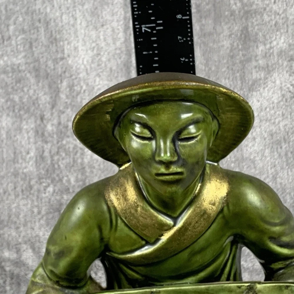 Vintage 1963 Figural Chinoiserie Trinket Box Gold Accented Green Signed Repaired